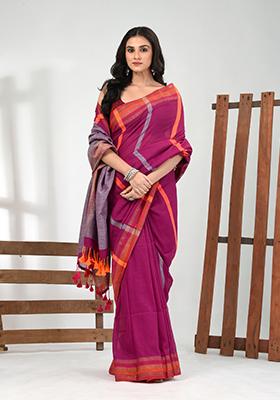 Magenta Striped Cotton Saree Set