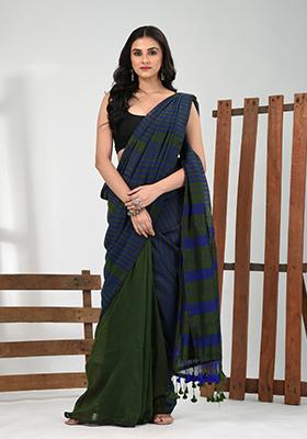 Green Striped Cotton Saree Set
