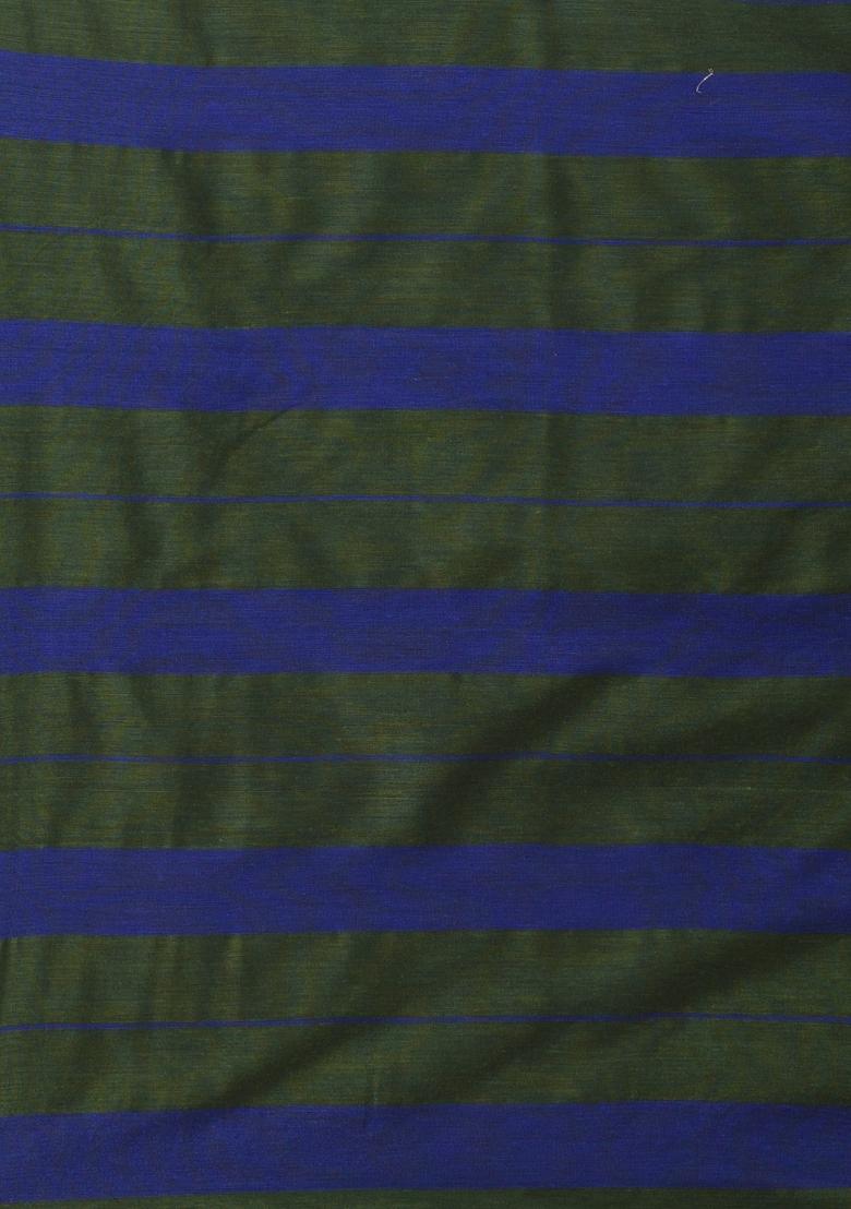 Green Striped Cotton Saree Set - Indya