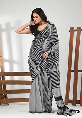 Grey Striped Cotton Saree Set