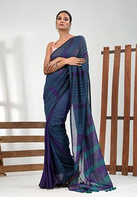 Purple Striped Cotton Saree Set