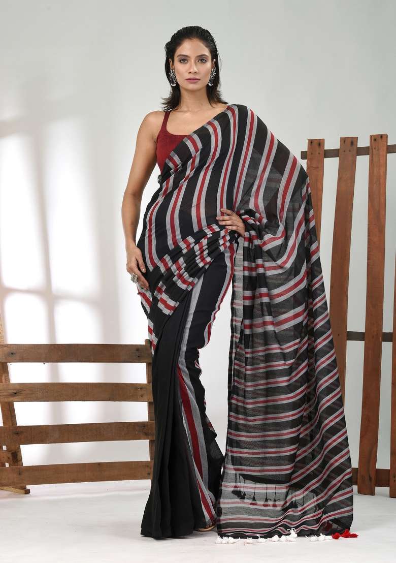 Black Striped Cotton Saree Set for Diwali and Festive Wear - Indya