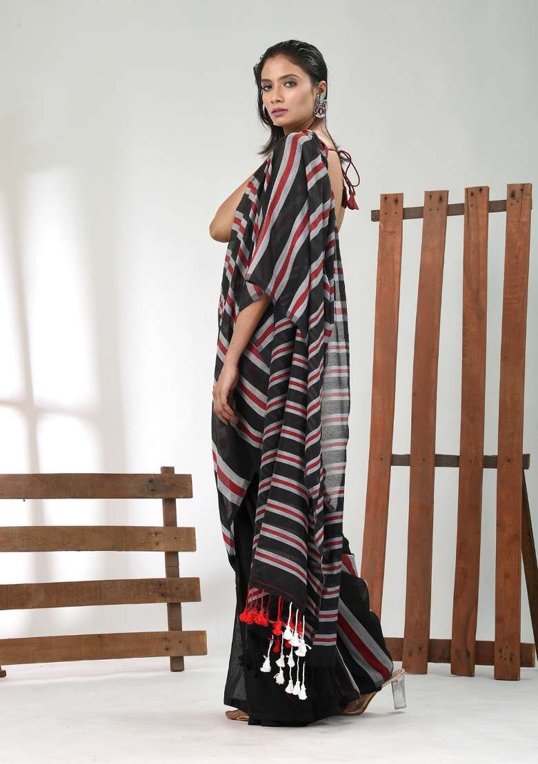 Black Striped Cotton Saree Set for Diwali and Festive Wear - Indya