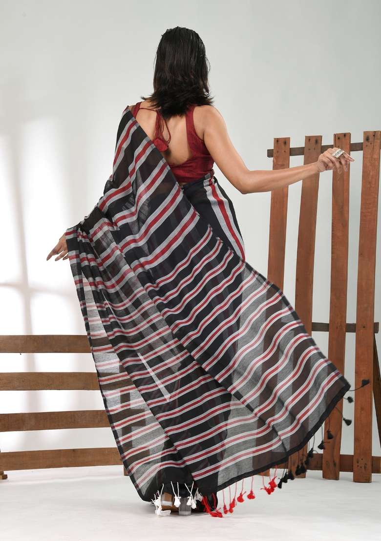 Black Striped Cotton Saree Set for Diwali and Festive Wear - Indya