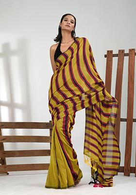 Corn Yellow Striped Cotton Saree Set