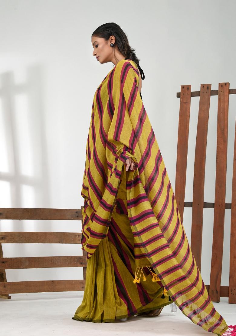 Corn Yellow Striped Cotton Saree Set - Indya