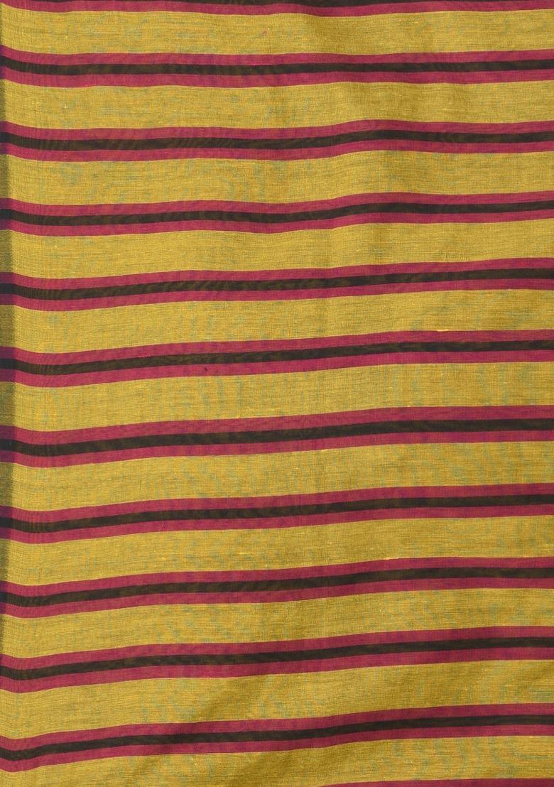 Corn Yellow Striped Cotton Saree Set - Indya