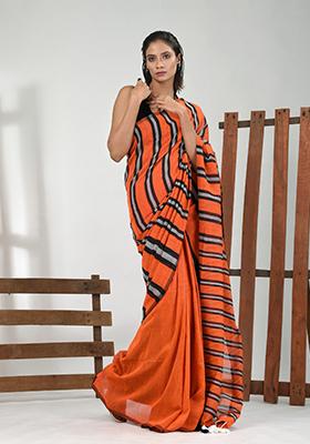 Orange Striped Cotton Saree Set