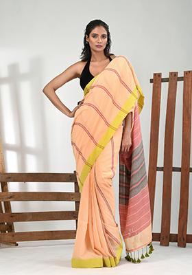 Cream Striped Cotton Saree Set