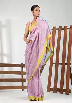Light Violet Striped Cotton Saree Set