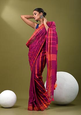 Magenta Striped Cotton Saree Set