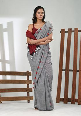 Grey Solid Cotton Saree Set