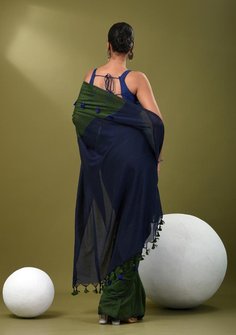 Green Solid Cotton Saree Set - Indya