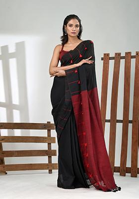 Black Solid Cotton Saree Set