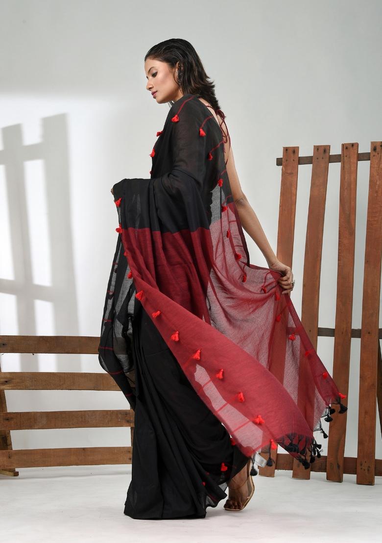 Black Solid Cotton Saree Set - Indya