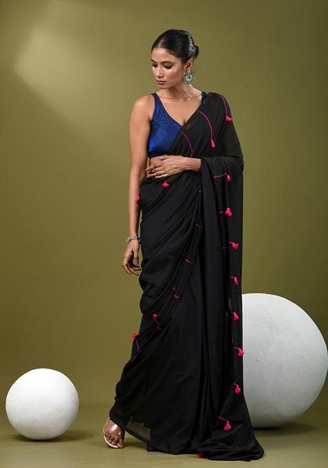 Black Solid Cotton Saree Set