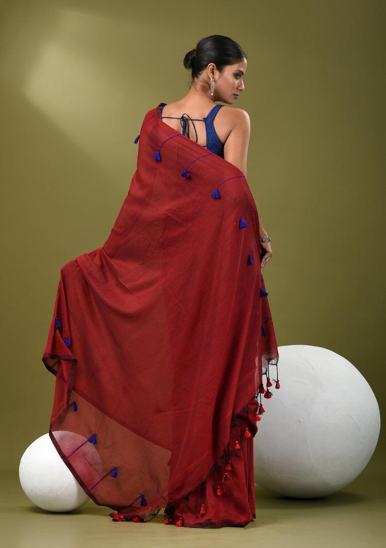 Dark Red Solid Cotton Saree Set
