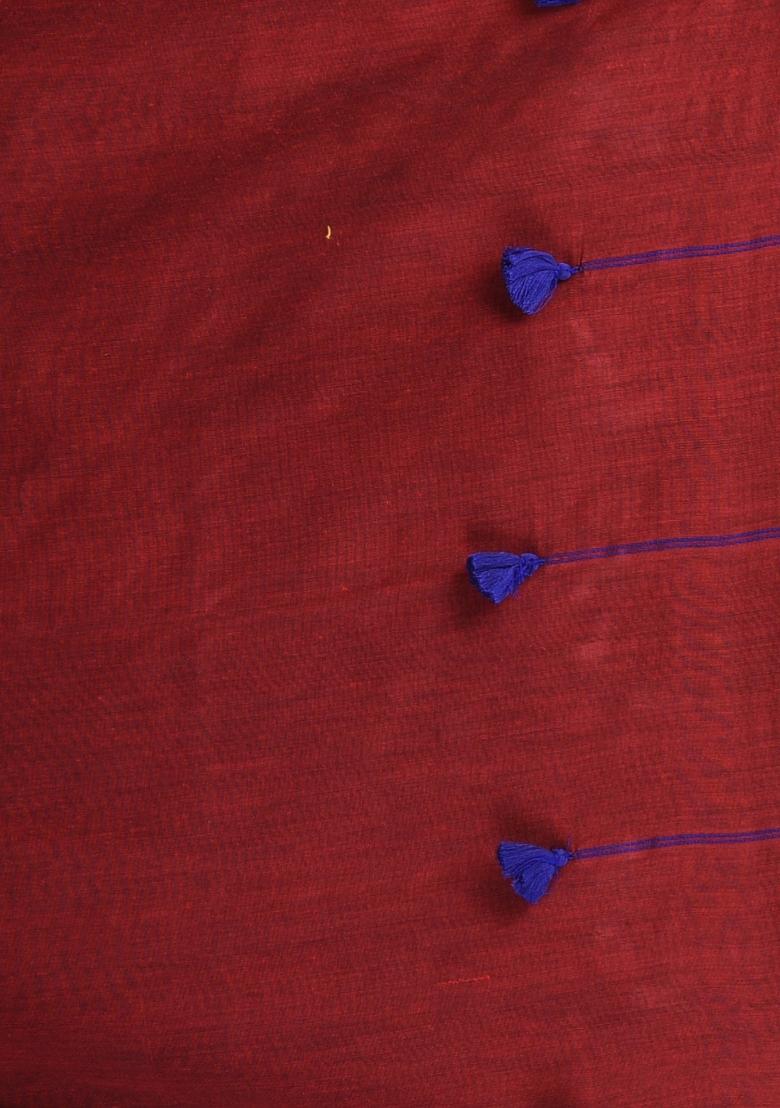 Dark Red Solid Cotton Saree Set