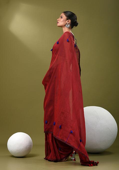 Dark Red Solid Cotton Saree Set