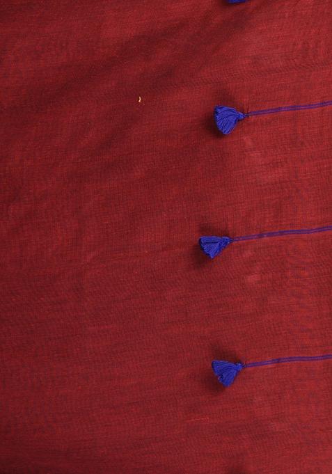 Dark Red Solid Cotton Saree Set