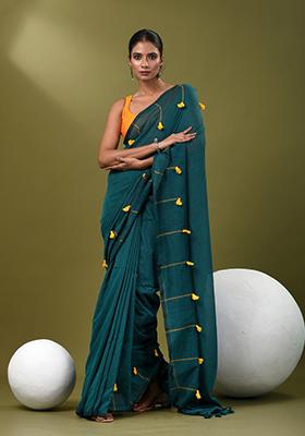 Teal Blue Solid Cotton Saree Set
