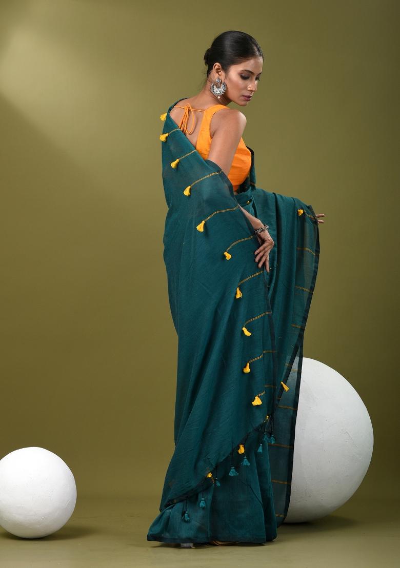 Teal Blue Solid Cotton Saree Set