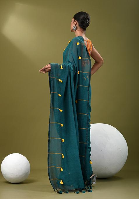 Teal Blue Solid Cotton Saree Set