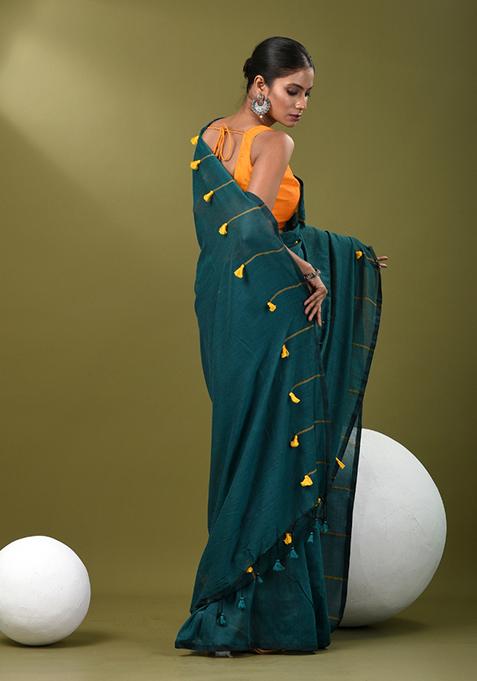 Teal Blue Solid Cotton Saree Set