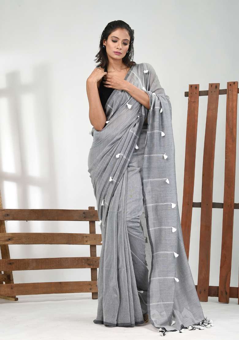 Grey Solid Cotton Saree Set for Diwali | Wedding & Festive Wear - Indya