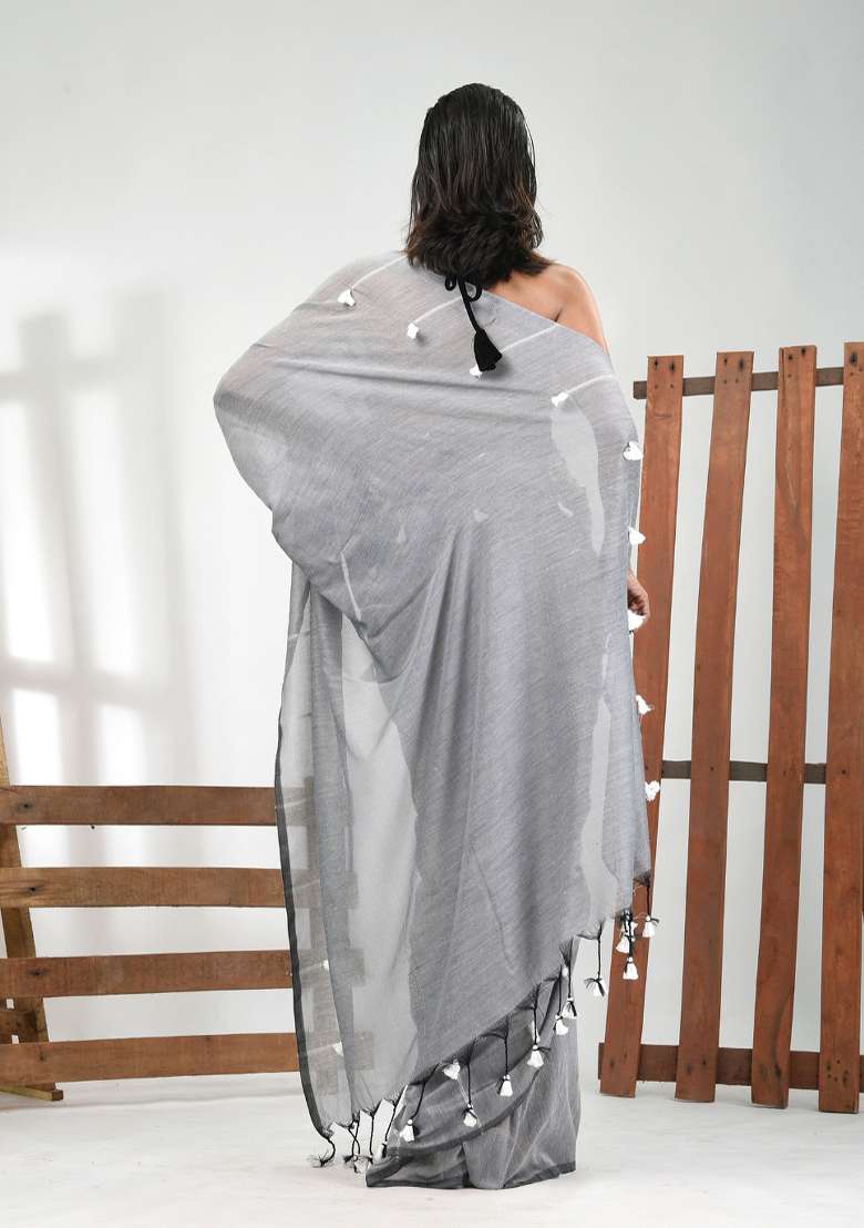 Grey Solid Cotton Saree Set for Diwali | Wedding & Festive Wear - Indya