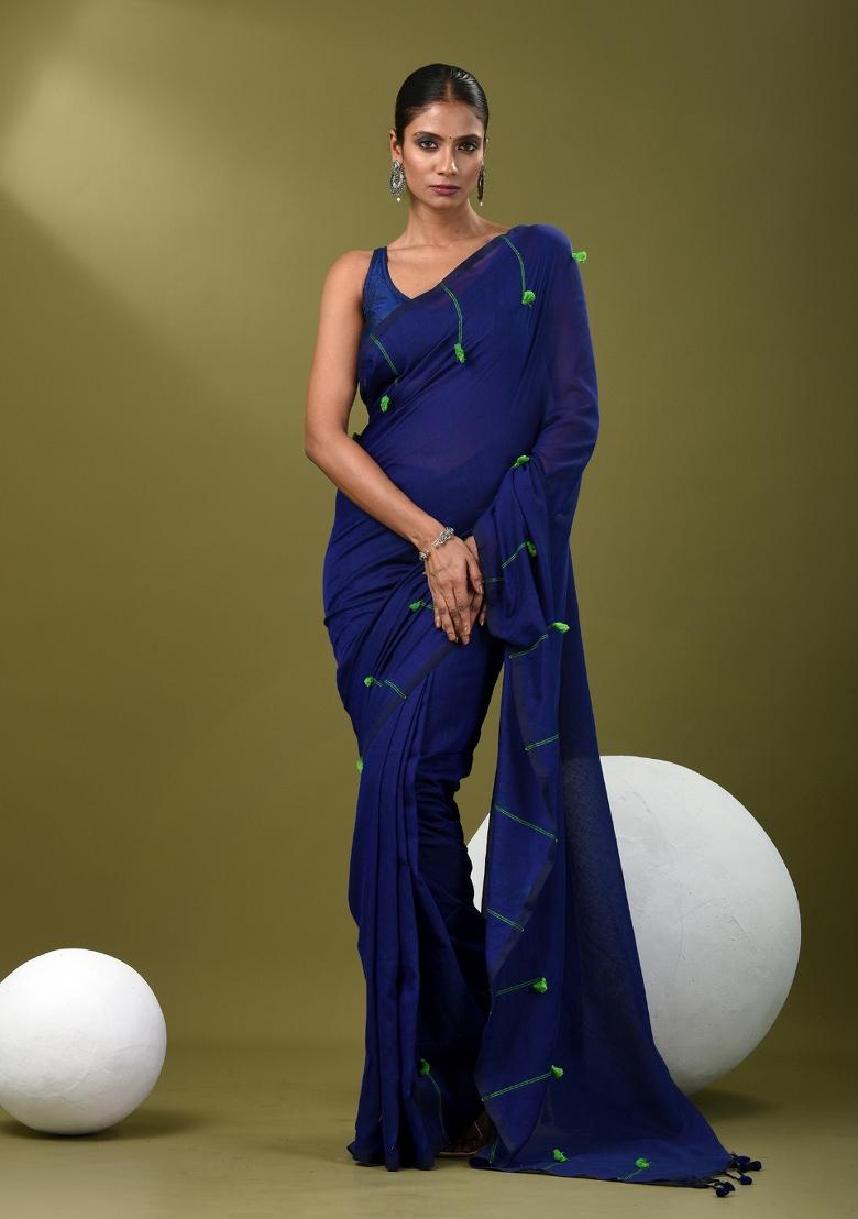 Blue Solid Cotton Saree Set
