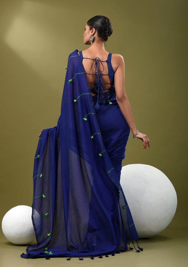 Blue Solid Cotton Saree Set