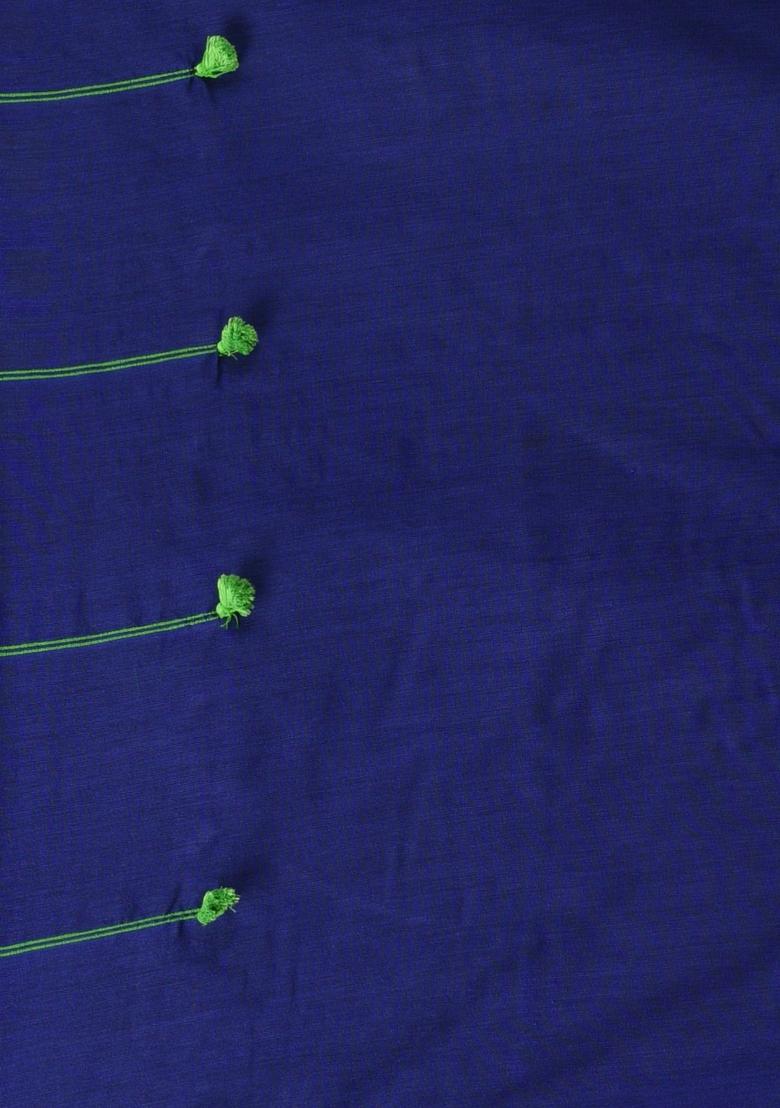 Blue Solid Cotton Saree Set