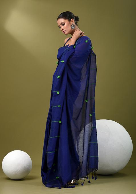 Blue Solid Cotton Saree Set