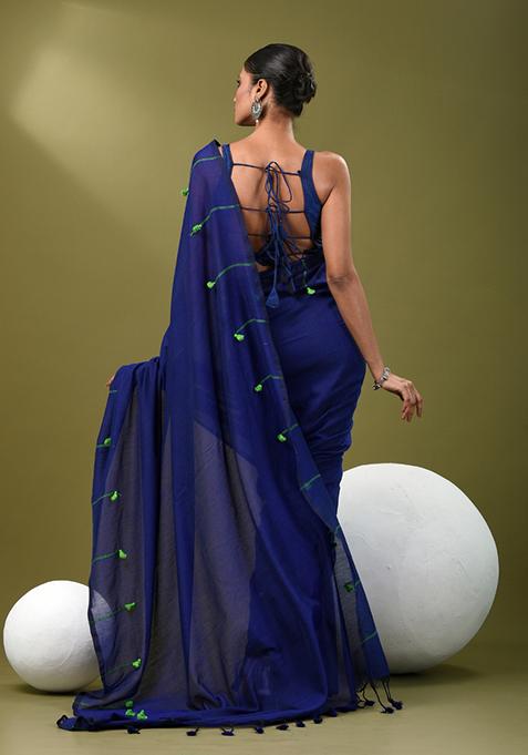 Blue Solid Cotton Saree Set