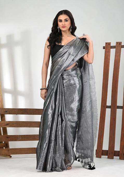 Steel Grey Solid Tissue Saree Set