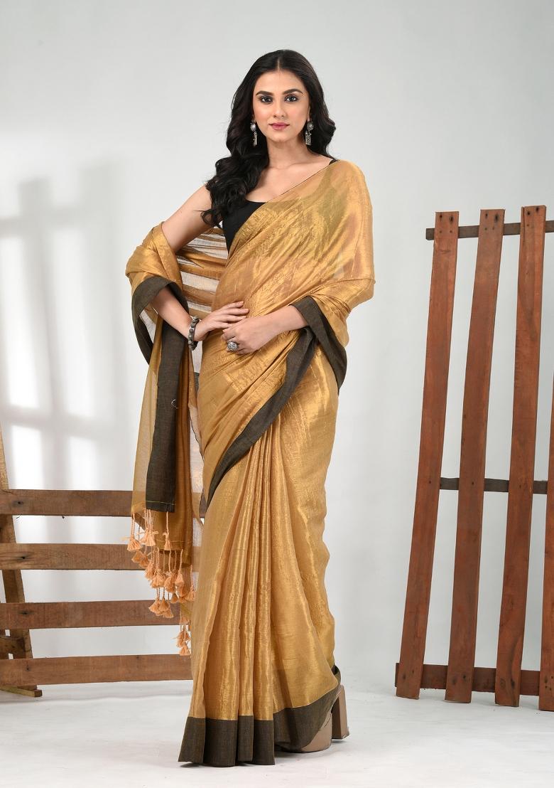 Golden Solid Tissue Saree Set