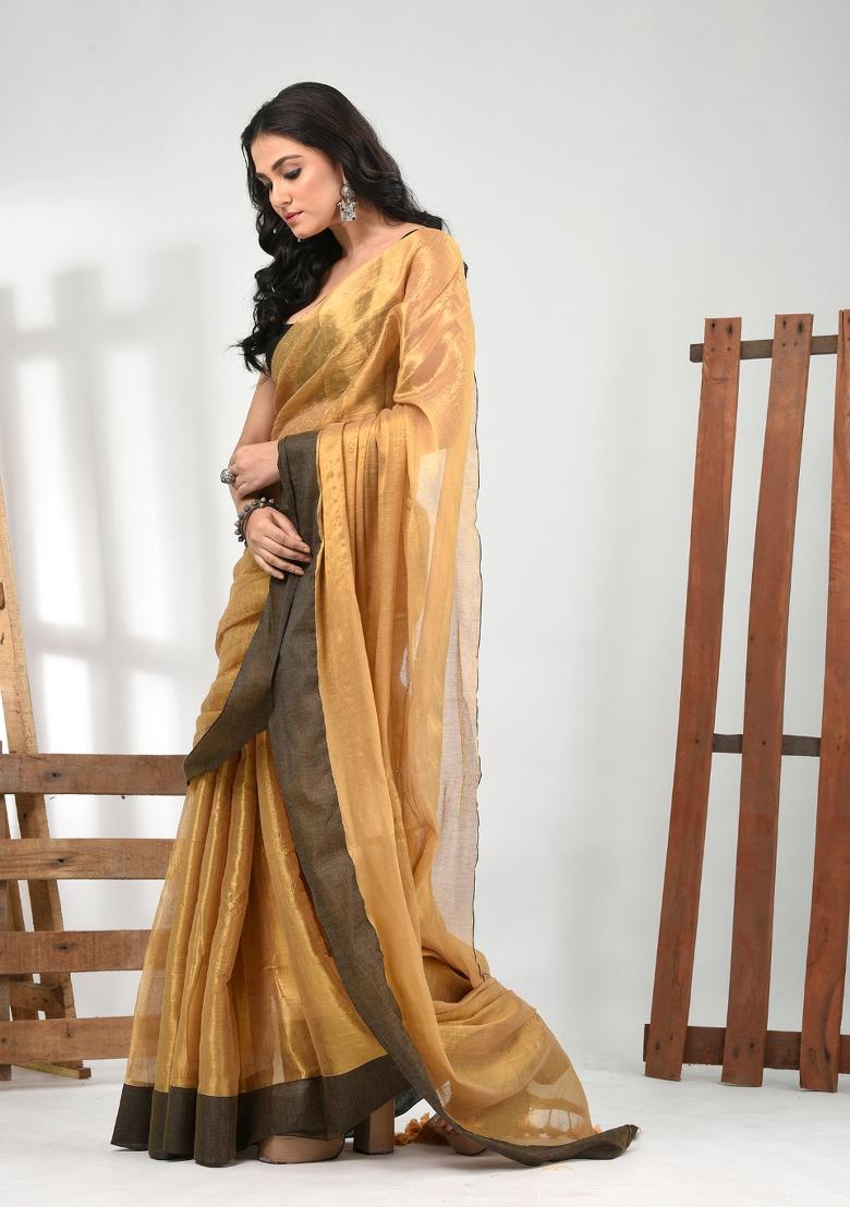Golden Solid Tissue Saree Set