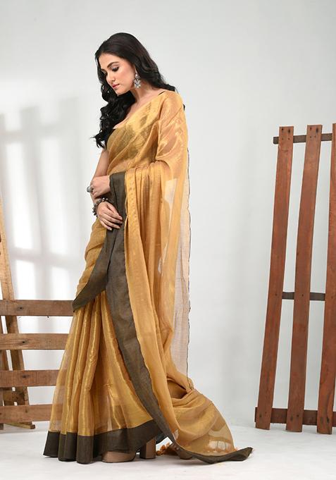 Golden Solid Tissue Saree Set
