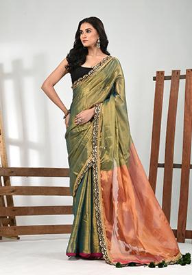 Green Solid Tissue Saree Set