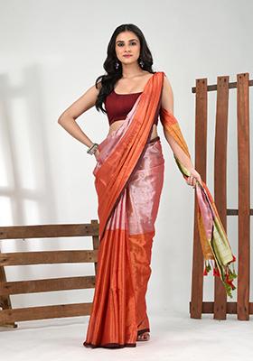 Pink Orange Solid Tissue Saree Set