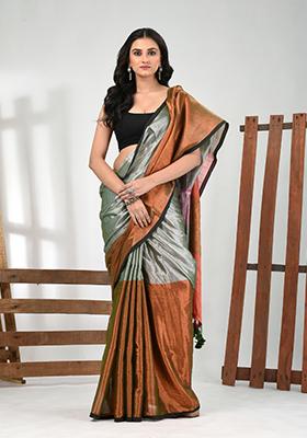 Grey Copper Solid Tissue Saree Set
