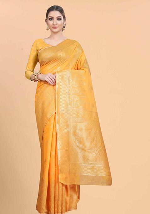 Orange Zari Work Cotton Blend Saree Set