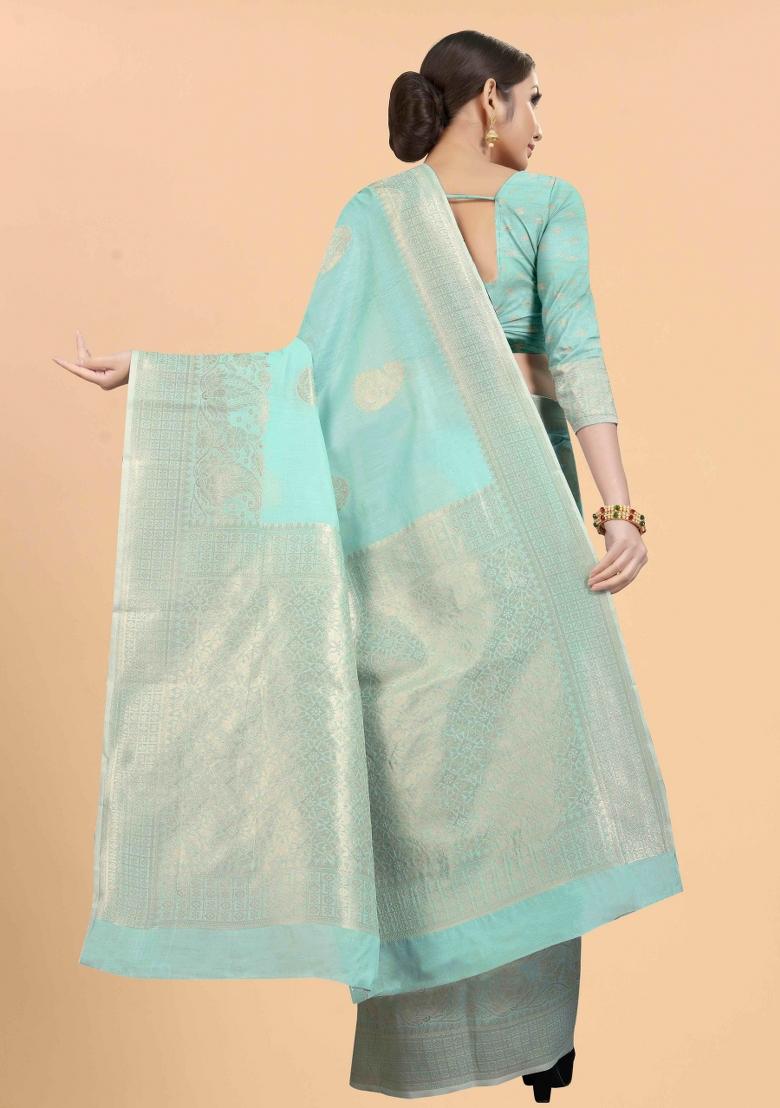 Blue Zari Work Cotton Blend Saree Set - Indya
