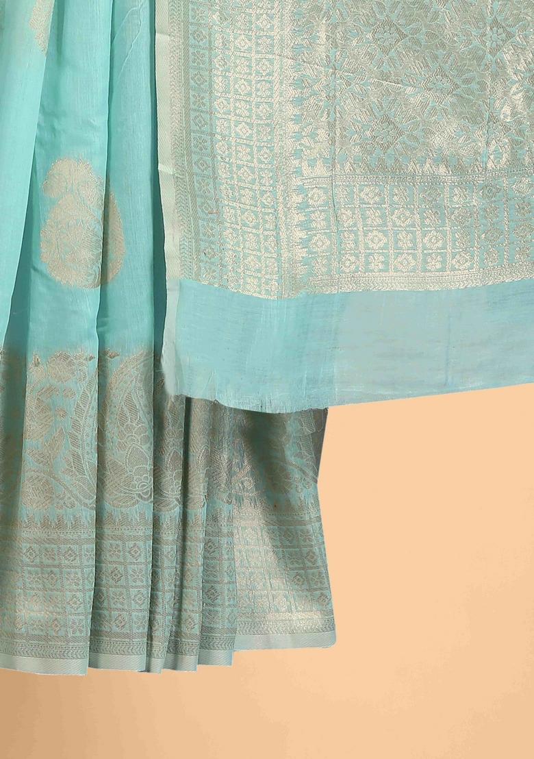 Blue Zari Work Cotton Blend Saree Set - Indya