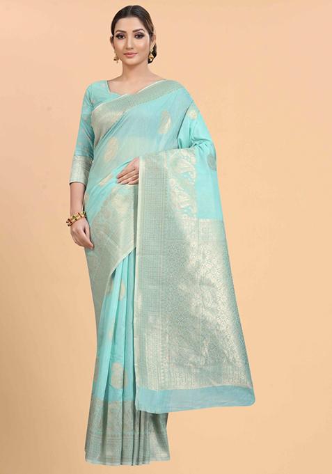 Blue Zari Work Cotton Blend Saree Set