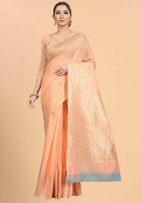 Peach Embroidered Cotton Blend Saree Set