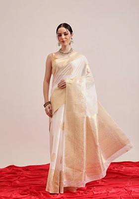 White Zari Work Cotton Blend Saree Set