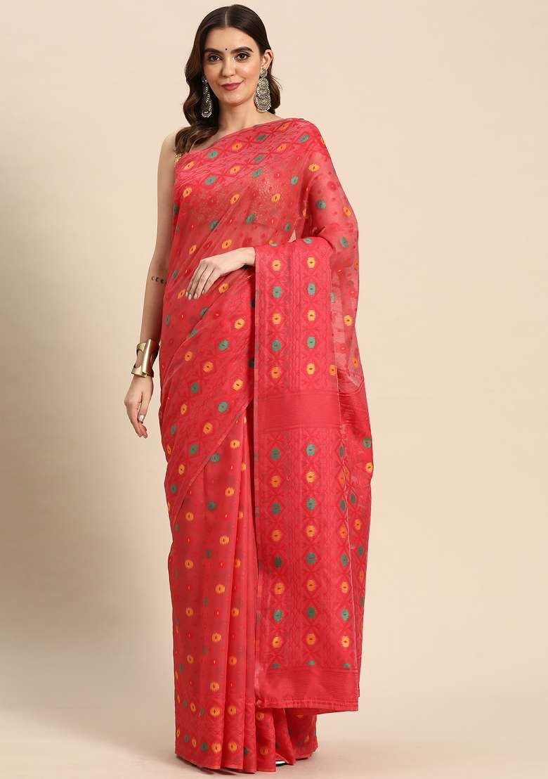 Red Embroidered Cotton Saree Set - Indya