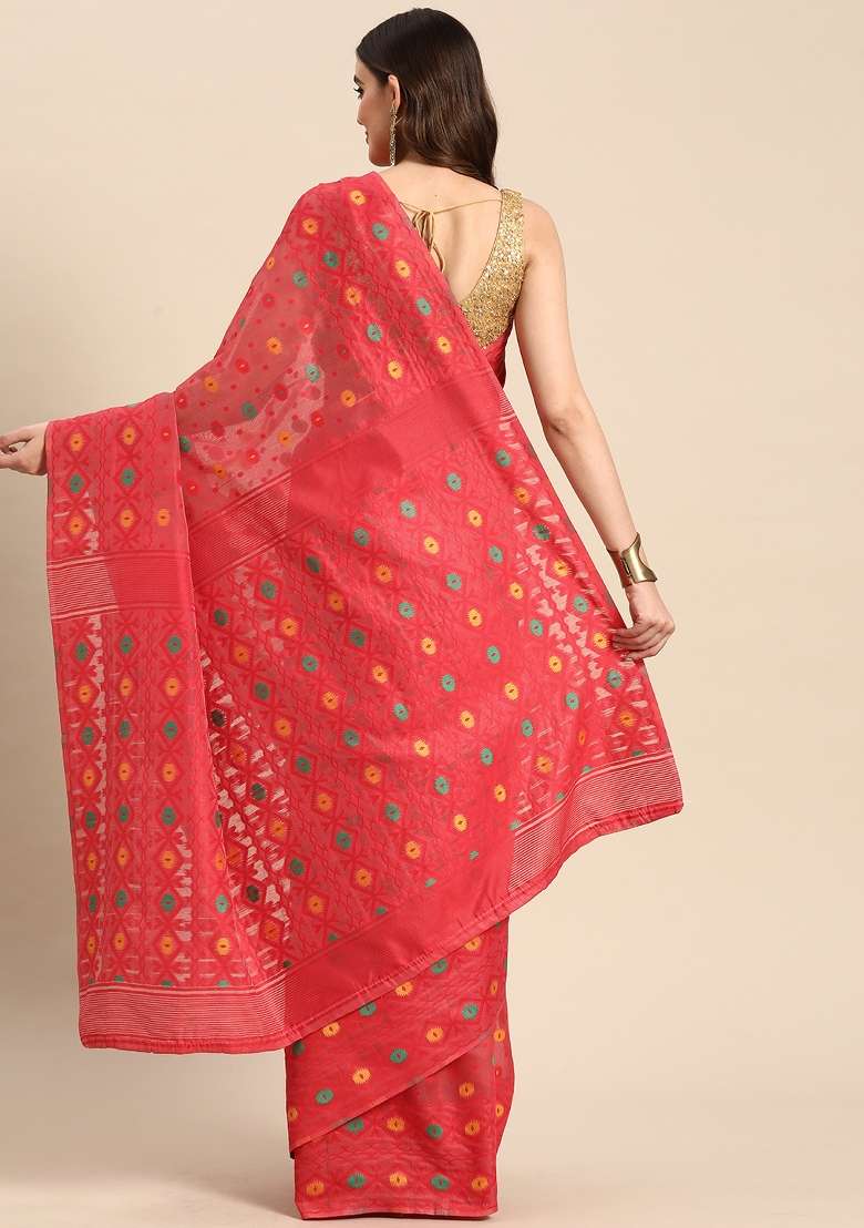 Red Embroidered Cotton Saree Set - Indya